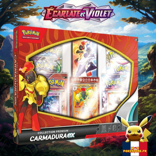 Coffret Pokémon Carmadura Ex contient 6 Boosters Pokémon, 3 cartes promo et un support à carte