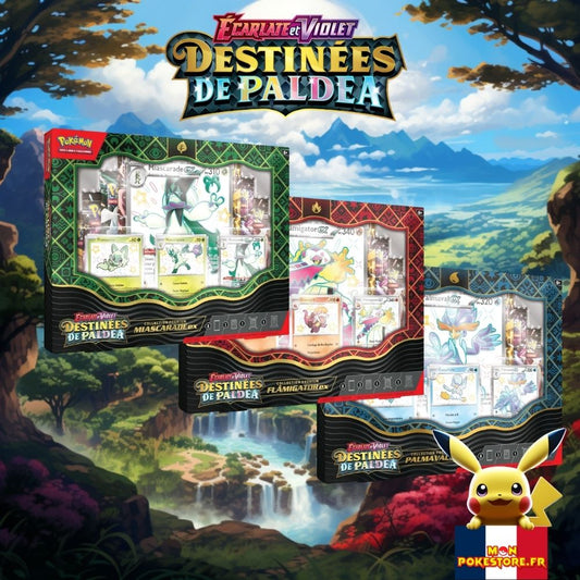 Coffret Pokémon Collection Premium Miascadade Flamigator Palmaval EV4.5 Destinées de Paldéa 8 Boosters Monpokestore