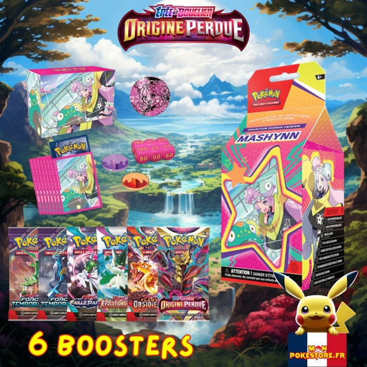 Coffret tournoi Pokémon Mashynn contient 6 Boosters dont 1 EB11 Origines Perdues, EV03 Flammes Obsidiennes et EV04-EV05-EV2, une boite de protection pour deck, des sleeves, jetons de jeu et de dégats, 