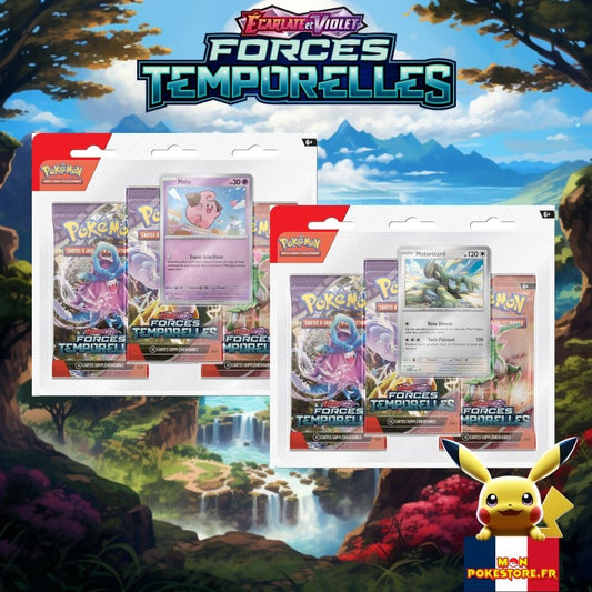 Tripack Pokémon EV05 Forces Temporelles Mélo et Motorizard 3 boosters Monpokestore