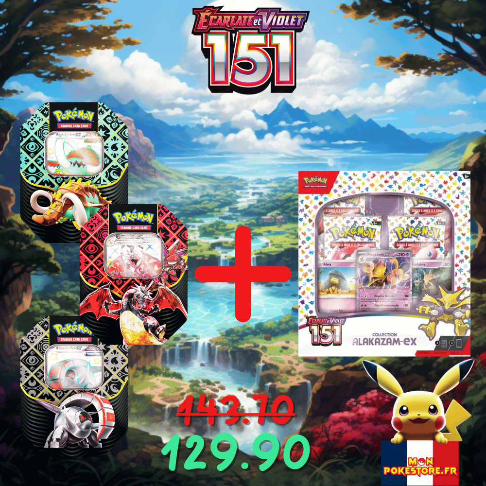 Pack en promotion Pokémon dont Coffret Alakazam Ex de l'extension 151 et le art set complet des Pokébox EV4.5 Destinées de Paldéa dont Dracaufeu