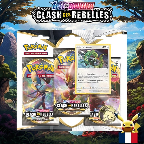 Tripack Pokémon EB02 Epée et Bouclier Slash des Rebelles contient 3 boosters et une carte promo Rayquaza